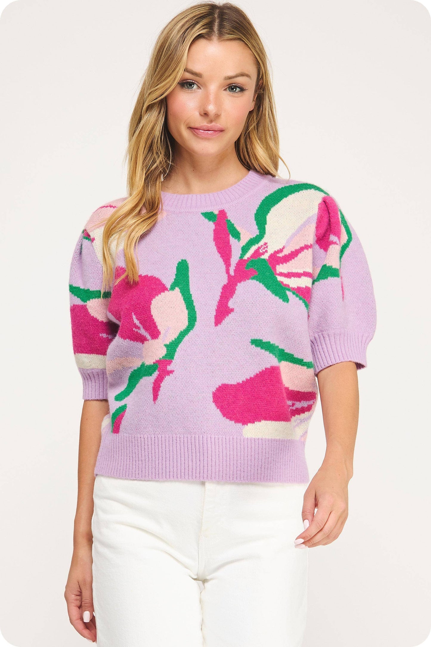 Floral Pattern Short Sleeve Knit Top